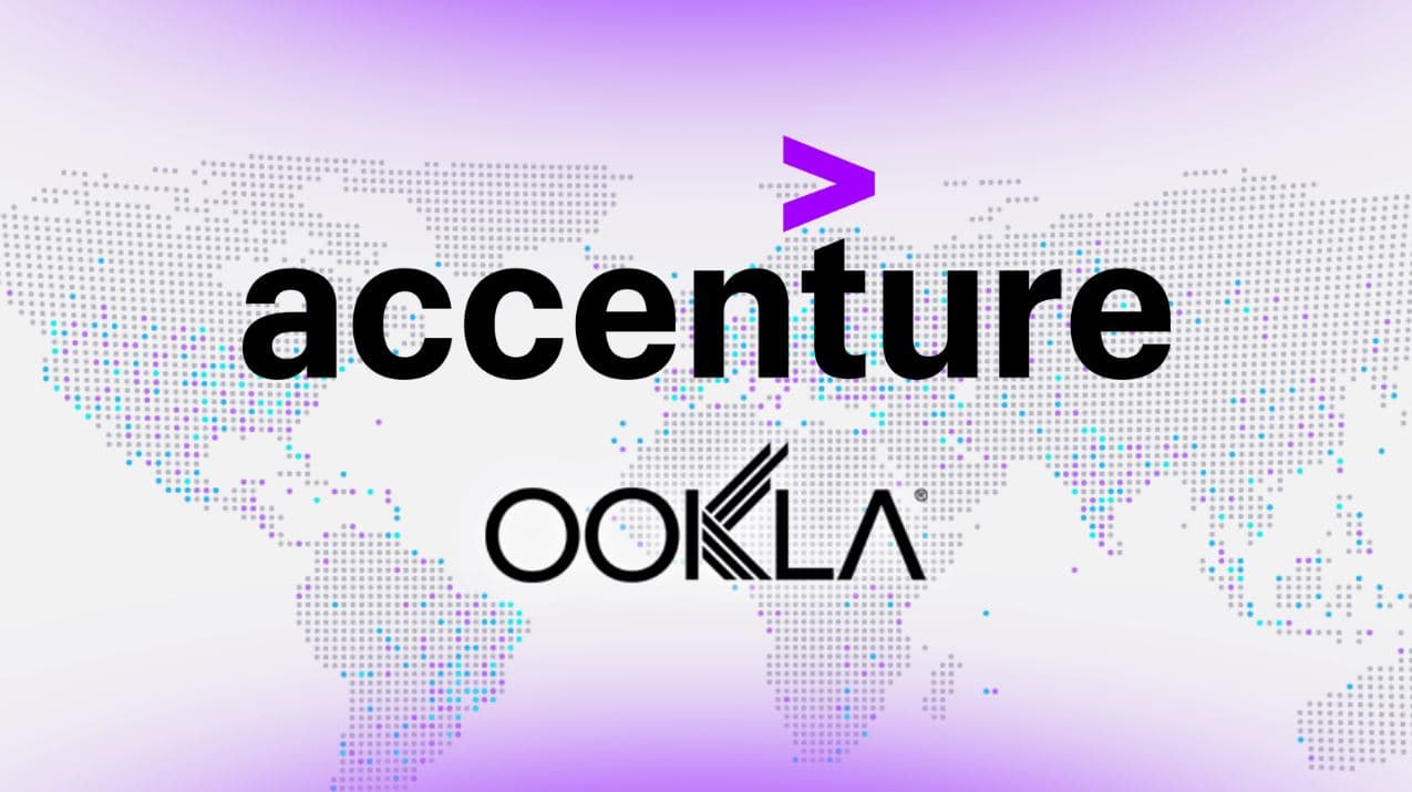 Accenture and Ookla logos displayed over a global digital network map representing AI-powered network intelligence and enterprise analytics acquisition deal