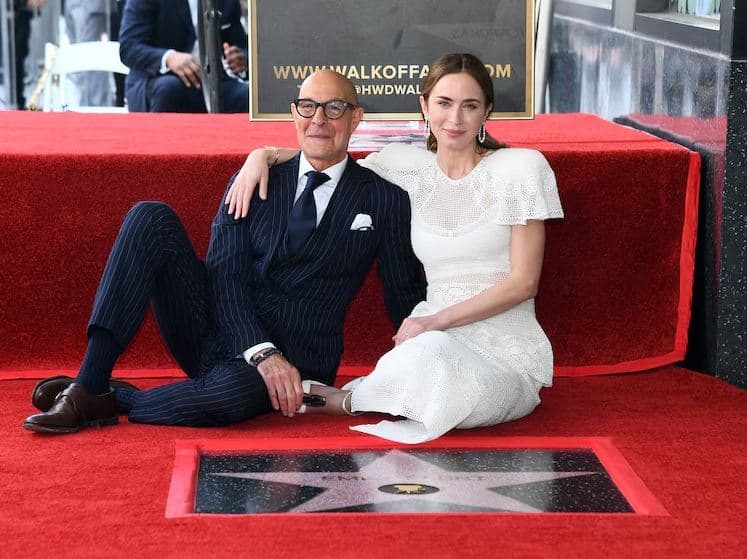 Emily Blunt and Stanley Tucci pose beside their Hollywood Walk of Fame stars during a joint ceremony on Hollywood Boulevard in 2026
