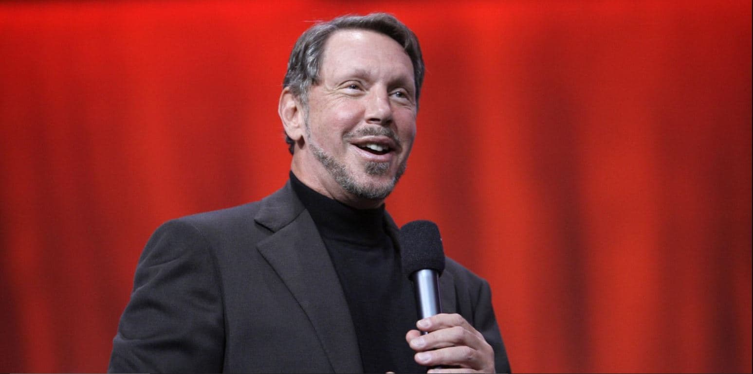 Stylized collage portrait of Larry Ellison with abstract overlays, textures, and blended visual elements creating an artistic, layered composition