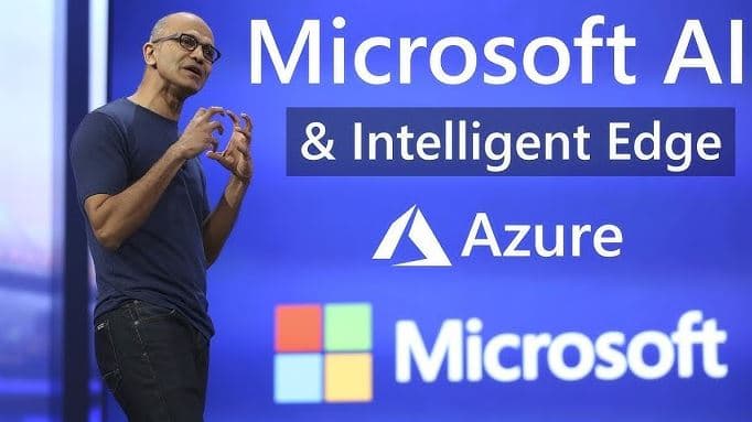 Satya Nadella presenting Microsoft AI and Intelligent Edge strategy with Microsoft Azure cloud platform branding in the background