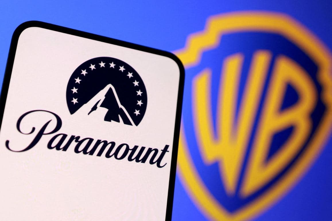 Paramount logo overlaid on handwritten documents and abstract artwork symbolizing the Warner Bros Discovery merger and media industry transformation