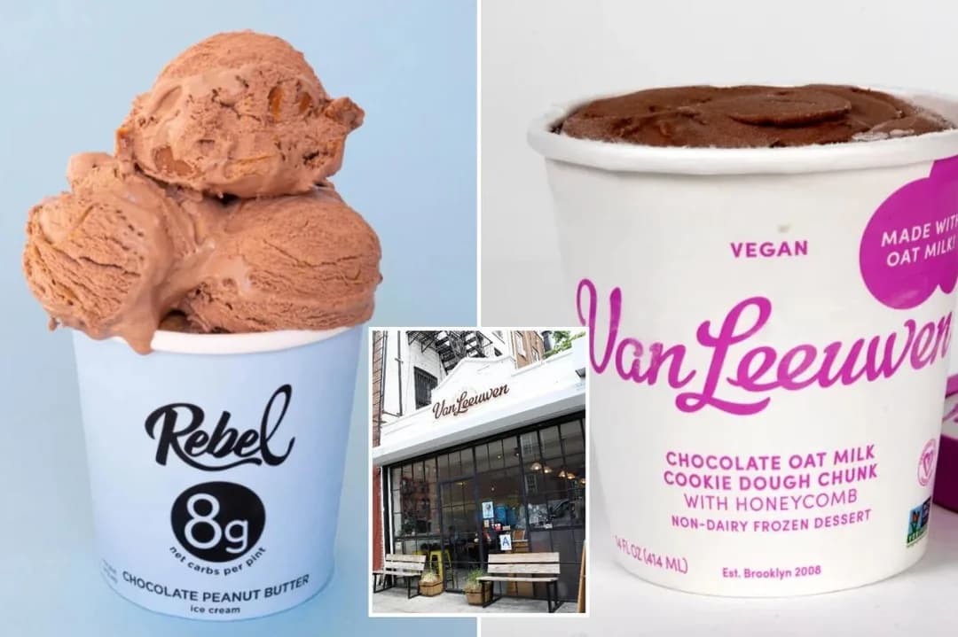 Rebel Creamery chocolate peanut butter ice cream beside Van Leeuwen chocolate oat milk ice cream, with a Van Leeuwen store in the center.